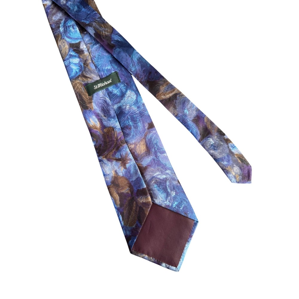 St Michael Vintage Blue Purple Abstract Brushstroke Silk Feel Necktie‎ UK Made
